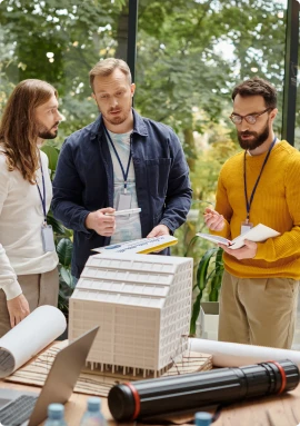photo de trois hommes en train de réfléchir devant une maquette d'un batiment
